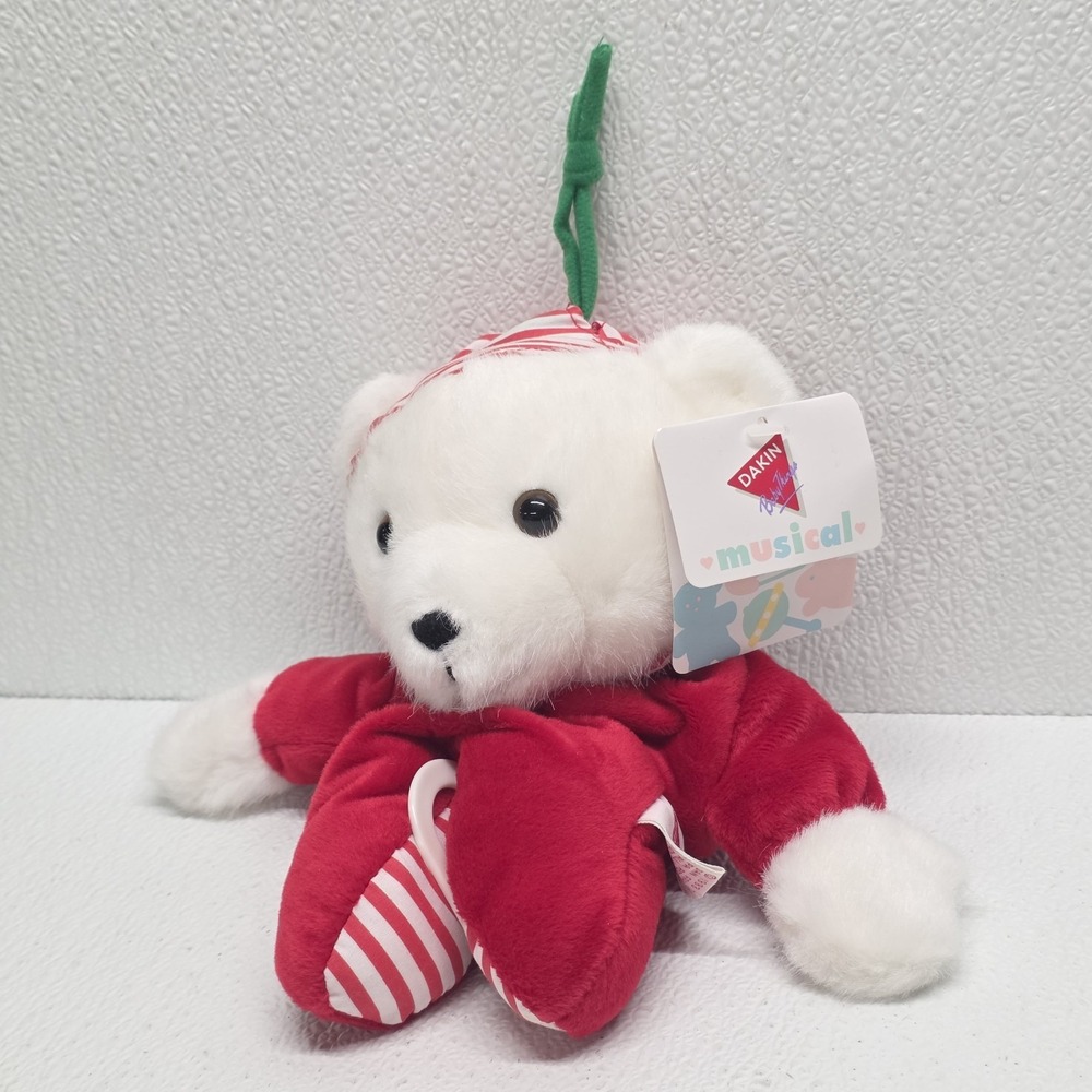 Vintage 1993 Dakin Musical Christmas White Bear Red Plush Lullaby Pull Crib Toy